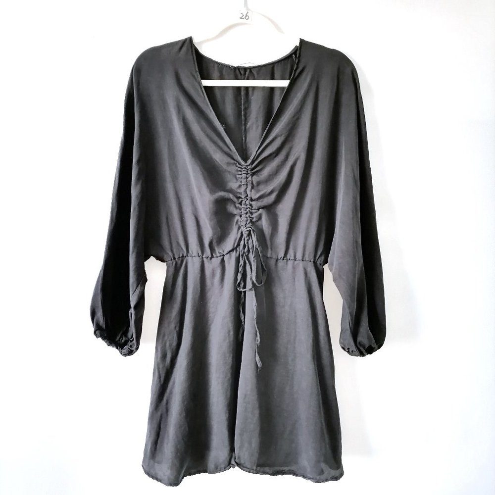 Zara Womens Black V-Neck Ruched Front Balloon Sleeve Fit & Flare Dress Size 28